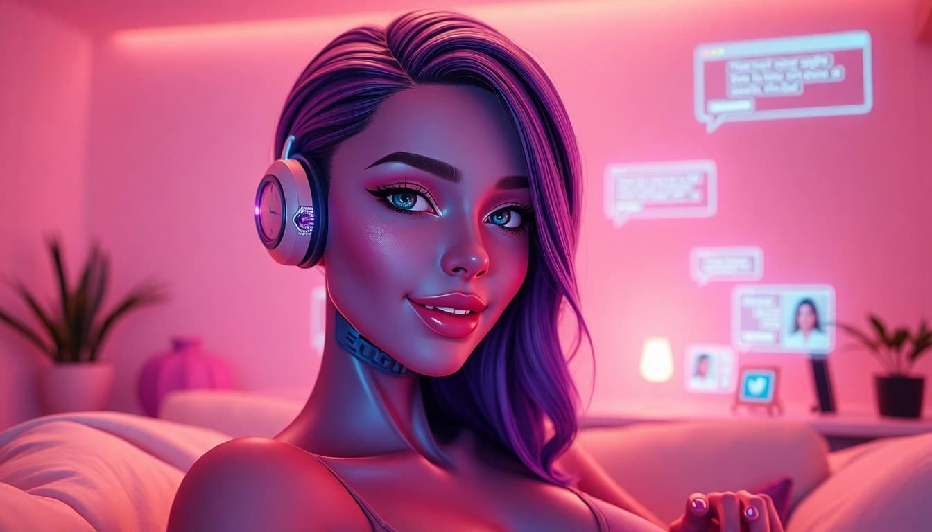 Engaging conversation with a sex AI character in a cozy, intimate setting, showcasing modern digital interactions.