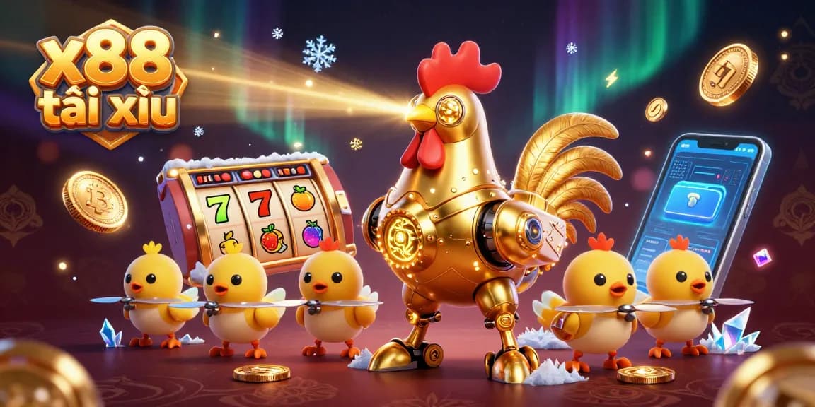 Engage in x88 tài xỉu with a vibrant 3D scene showcasing an adventurous rooster robot surrounded by slot machines and crypto coins.