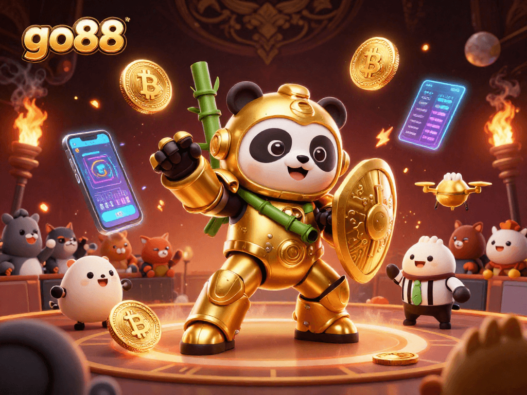 Engage in thrills with go88's 3D mech-suit panda in a vibrant casino showdown illustration.