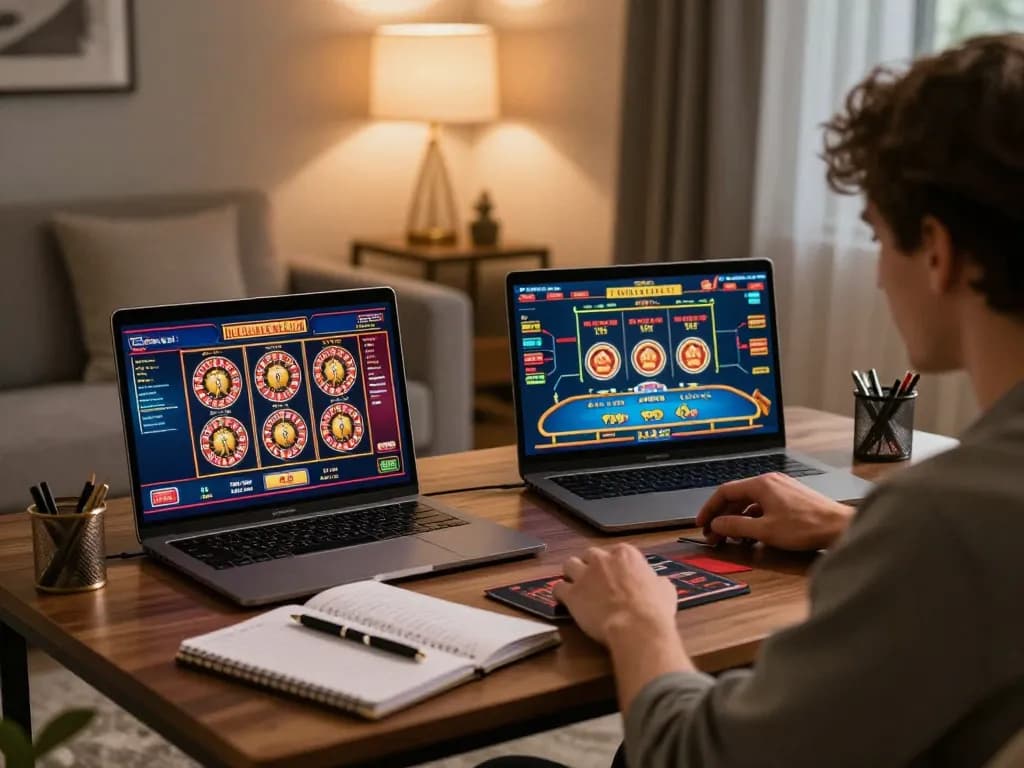 Player strategizing on jun88 while engaging in diverse online casino games in a cozy living room setting.