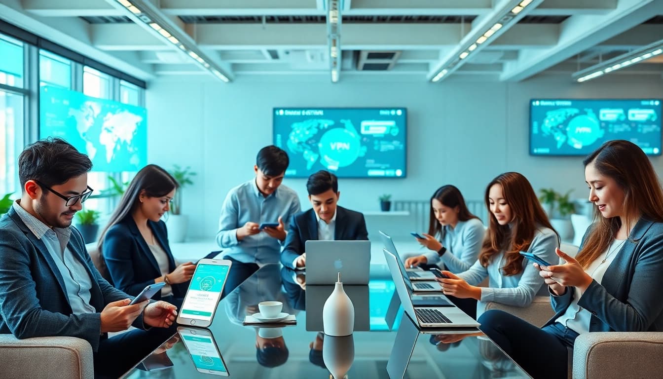 在现代办公场景中，快连VPN 应用程序在多种设备上展示，突出安全连接。