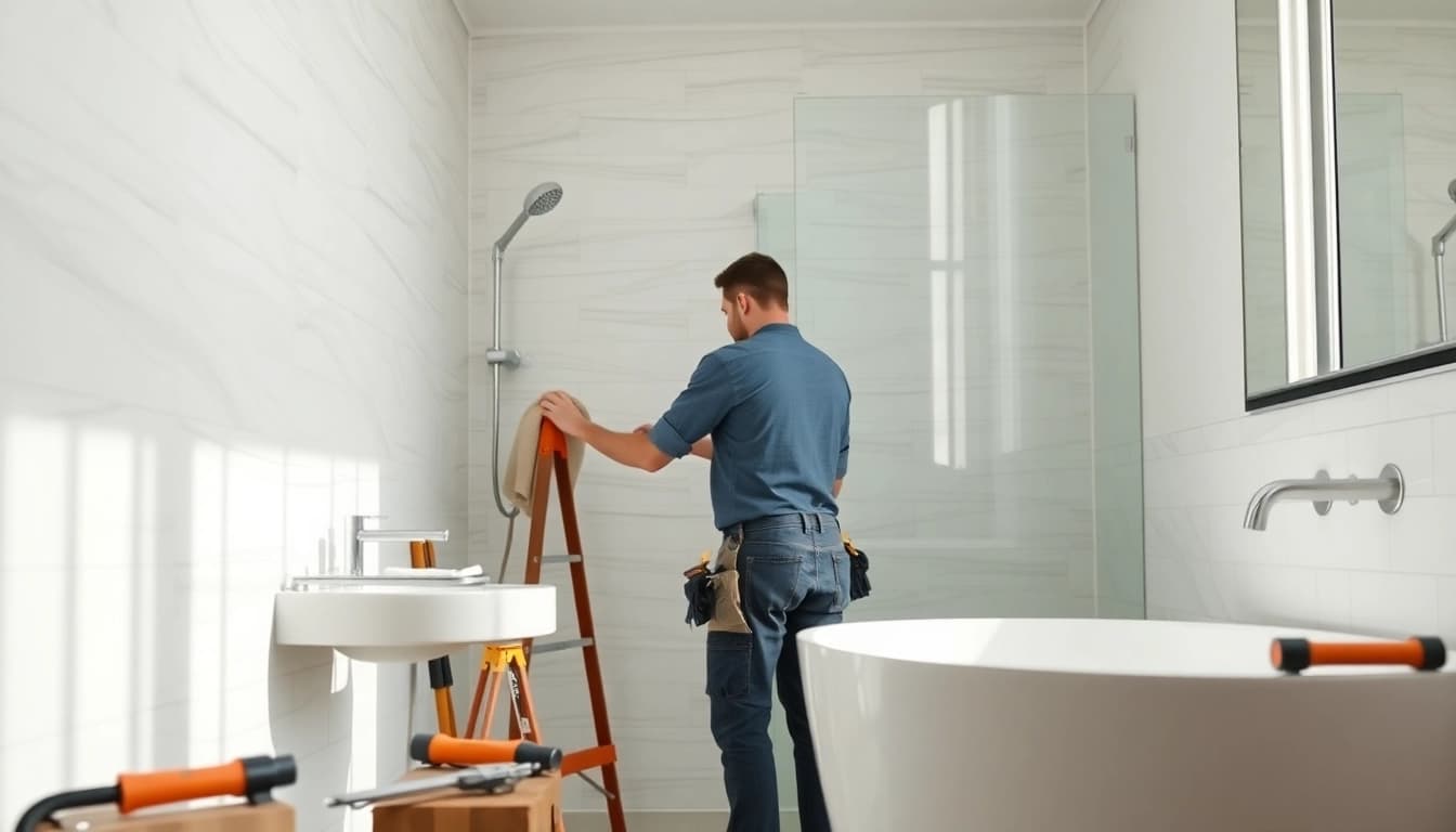 Skilled professional performing bathroom installation in Manchester, showcasing modern fixtures and clean design.