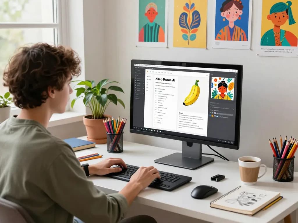 Dynamic workspace with an artist using nano banana ai for digital art creation, showcasing vibrant visuals and creative tools.