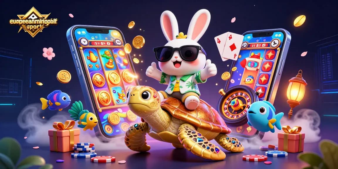 Experience the vibrant 3D illustration showcasing the excitement of europeanminigolfsport with a lucky rabbit and a golden turtle.