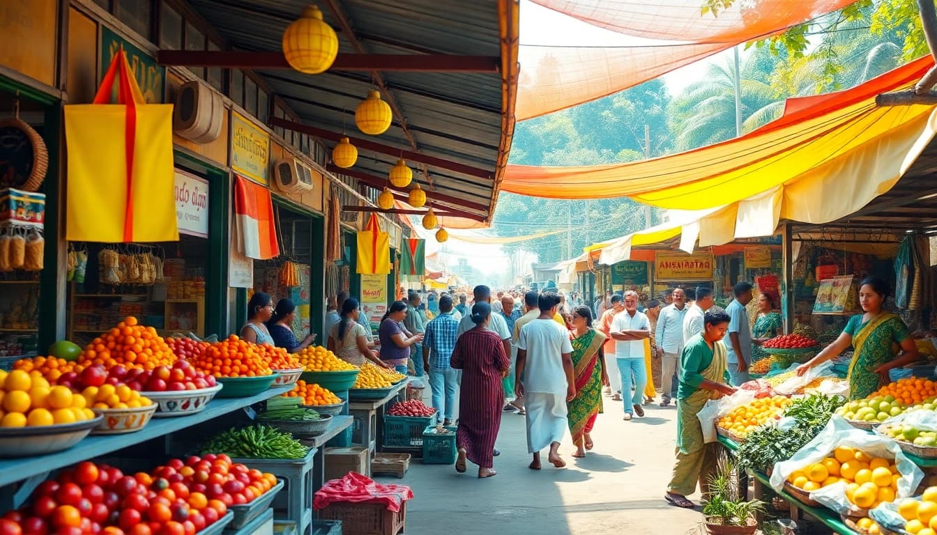 Lanka Add marketplace scene showcasing vibrant stalls and diverse people interacting.