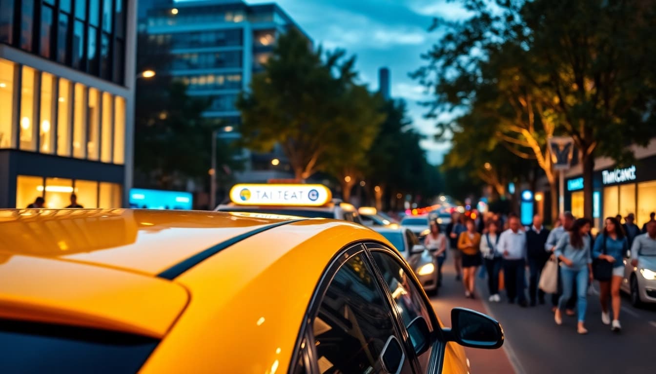 Woking city taxi service showcasing a sleek vehicle against vibrant urban lights.
