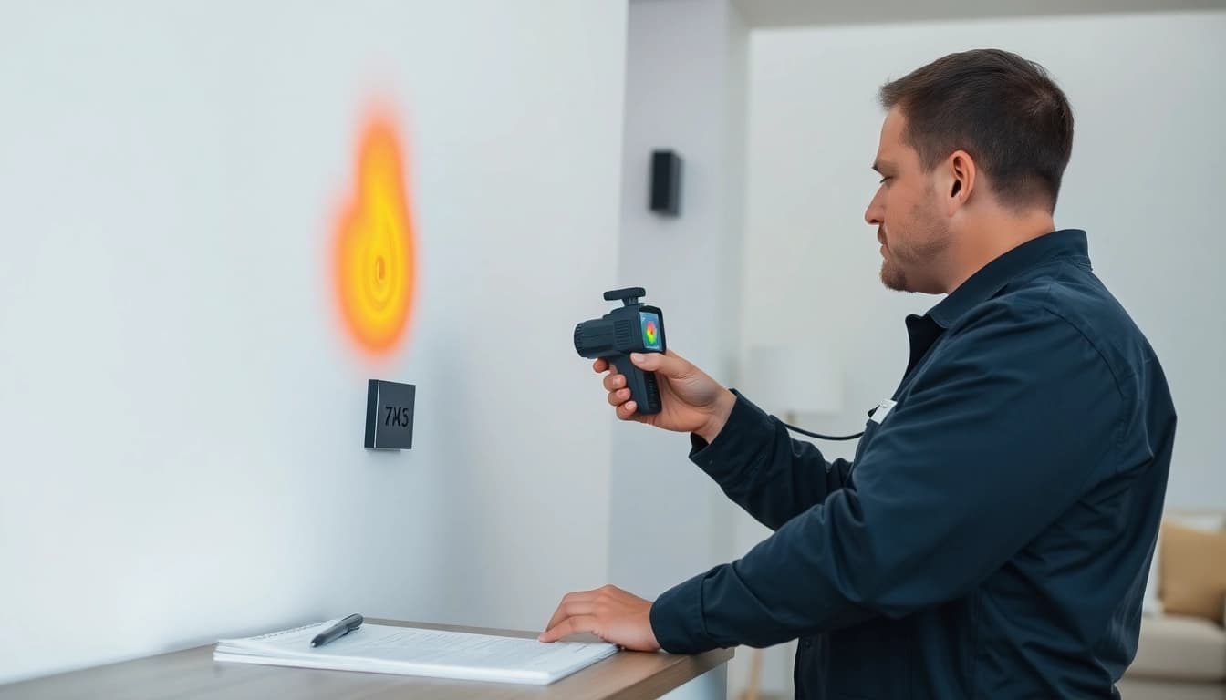 Expert water leak detection technician utilizing advanced thermal imaging in a residential setting.