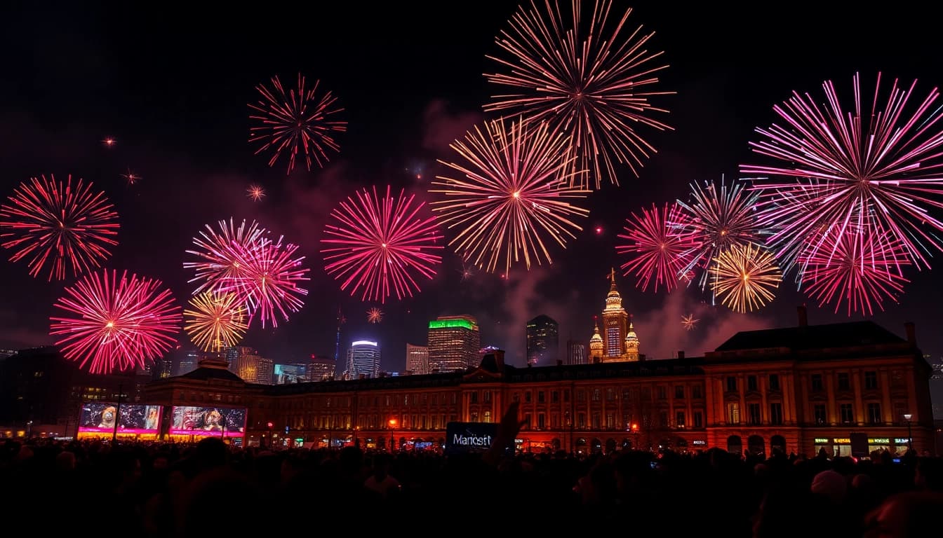 Witness stunning manchester fireworks lighting up the night sky, creating a festive atmosphere.