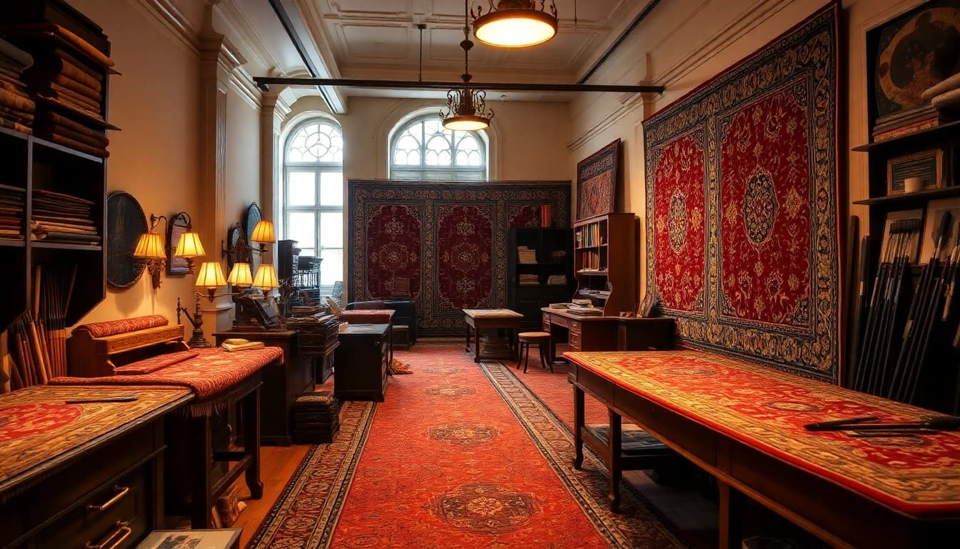 Restauro Tappeti milano showcases artisans meticulously restoring fine carpets in a warm, inviting workshop.