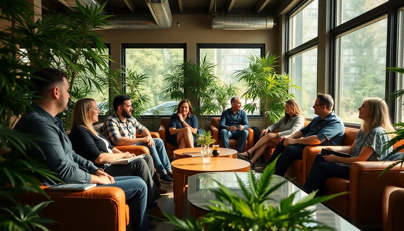 Clubs Cannabis Madrid où des membres se détendent et socialisent dans une ambiance conviviale.