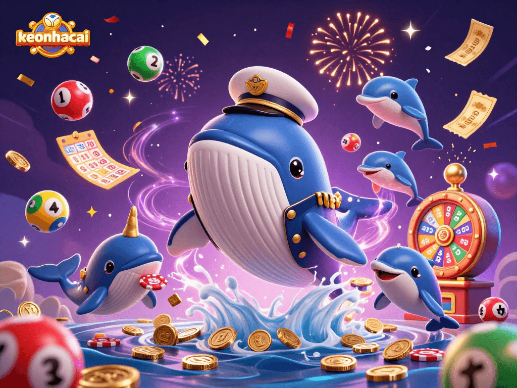 Experience the excitement of keonhacai with a whale breaching coins, lottery balls, and animated victory elements.
