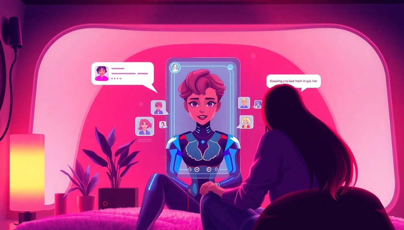 AI NSFW chat scene illustrating user interaction with engaging AI characters and futuristic interface.