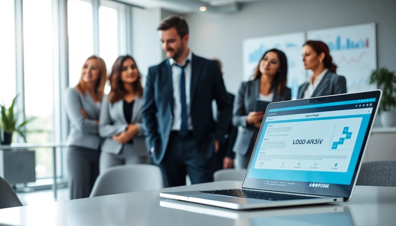Logo e-arşiv software showcased in a professional workspace with business experts discussing digital document solutions.