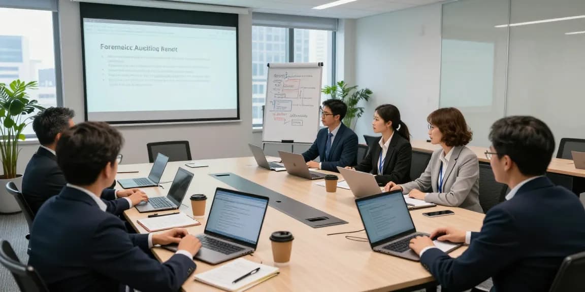 Forensic auditors collaborating in a corporate training session at aafikotasurabaya.org, showcasing engagement and professionalism in an effective learning environment.