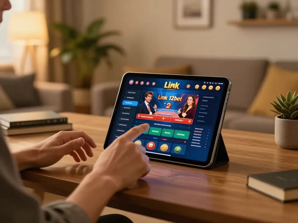 Trải nghiệm cảm giác hồi hộp khi đánh bạc với ứng dụng Link 12bet hiển thị trên máy tính bảng trong một không gian ấm cúng tại nhà.