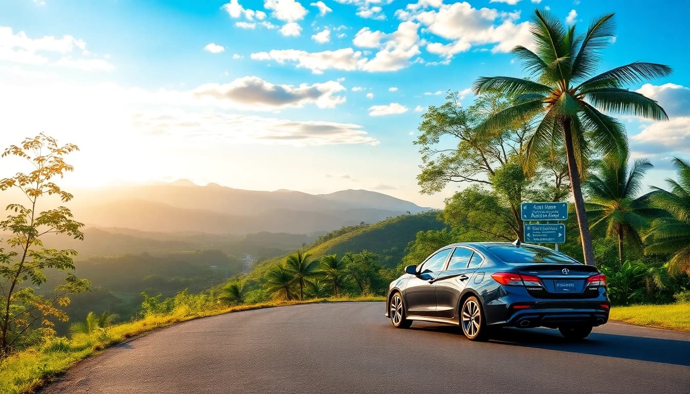 Car rental in Kuching Sarawak with a sleek car parked on a scenic road.