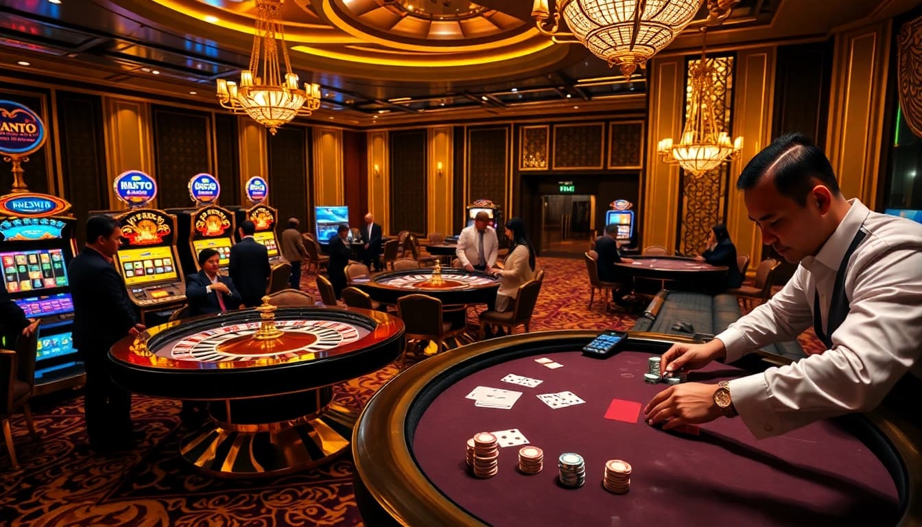 Situs Slot Terpercaya showcases thrilling casino excitement with players betting at roulette and poker tables.