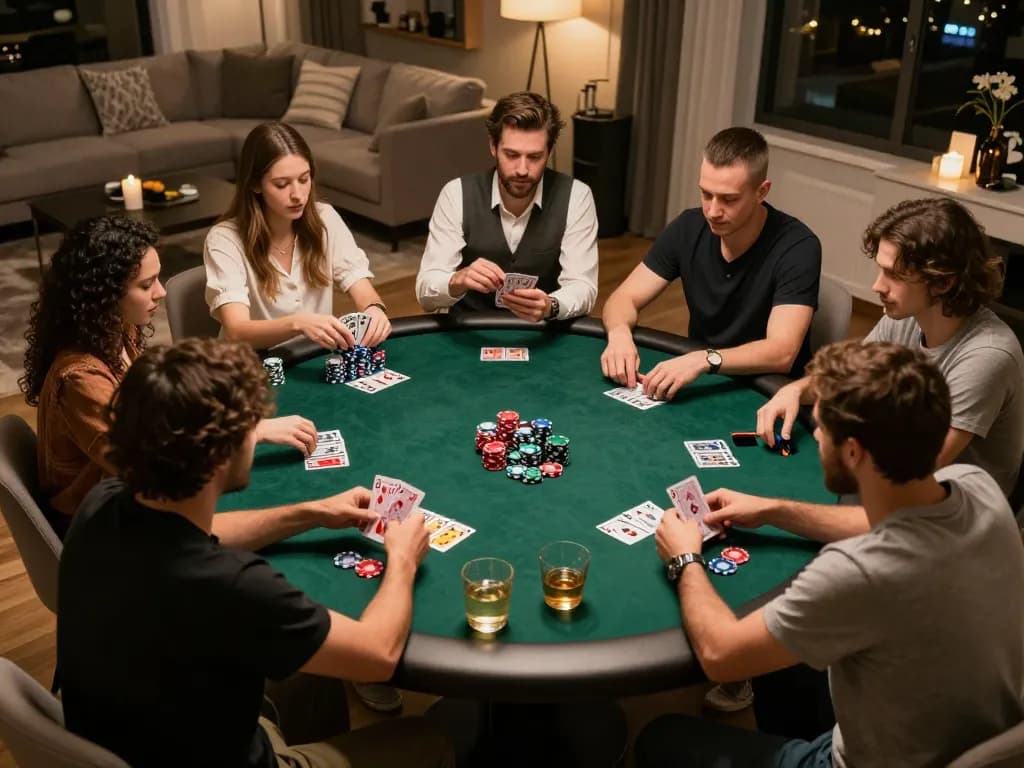Friends enjoying a poker night with excitement while playing at home using u888 com.