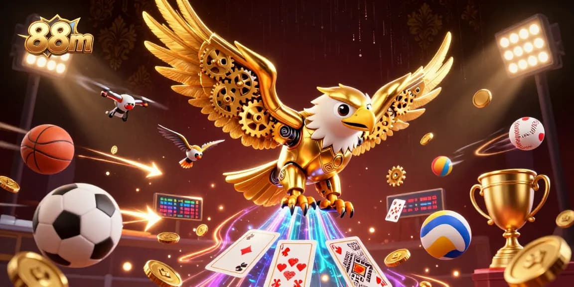 Catch exhilarating wins at 88m with a golden eagle diving through holographic cards amidst dynamic sports elements.