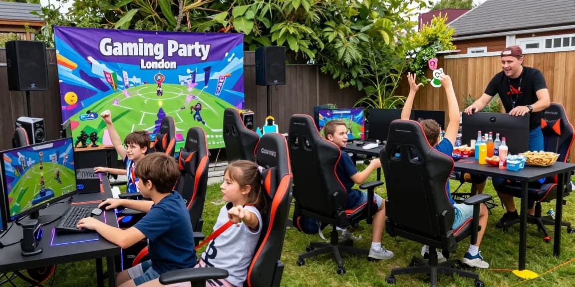 Exciting Gaming Party London setup with kids enjoying Fortnite on high-end consoles, vibrant atmosphere.