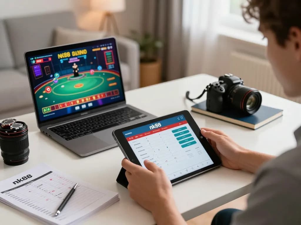 Person engaging with the nk88 casino app on a tablet amidst a stylish home office setup.