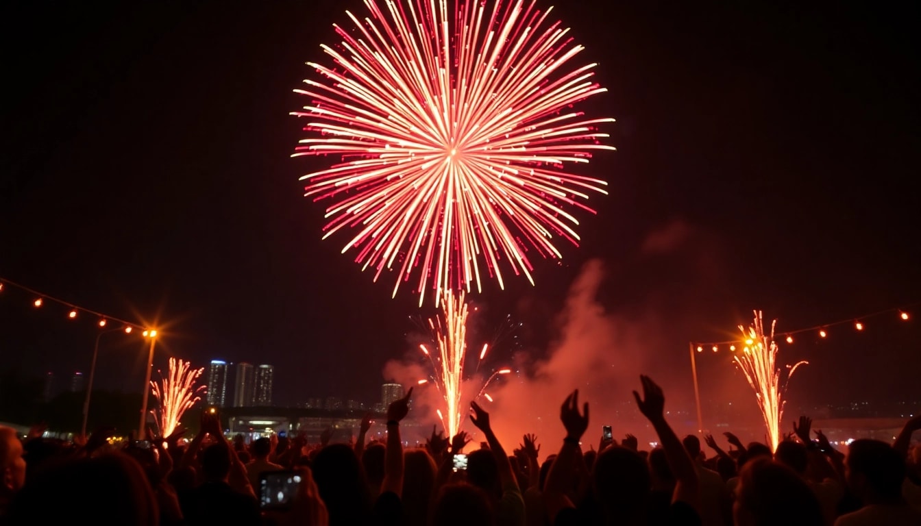 Experience the excitement of wholesale fireworks illuminating a night sky over a lively event.