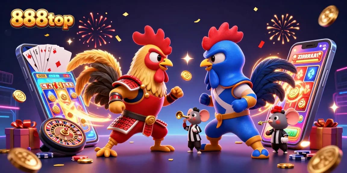 Experience thrilling action with 888top as fighting roosters clash amidst a vibrant casino atmosphere.