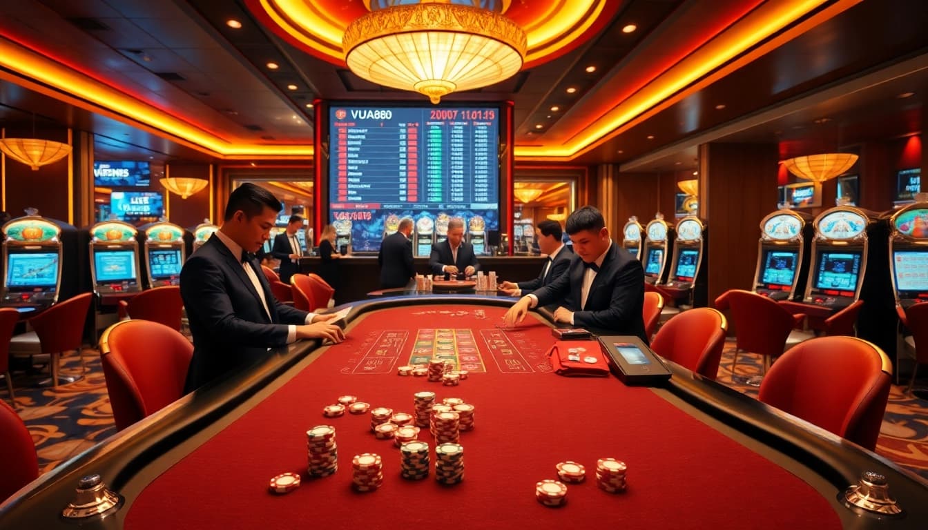 Experience the thrill of playing at VUA88 in a vibrant casino atmosphere with poker tables and slot machines.