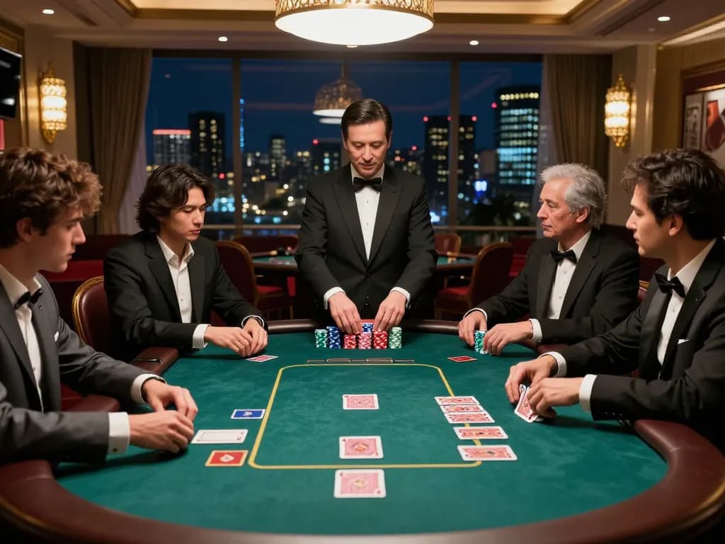 Intense poker gameplay at 77LOC's upscale casino, showcasing players and dealer in action.