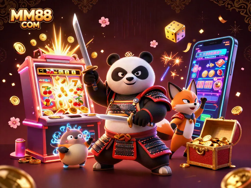 Experience winning moments with MM88 COM at this vibrant casino-themed illustration packed with excitement.