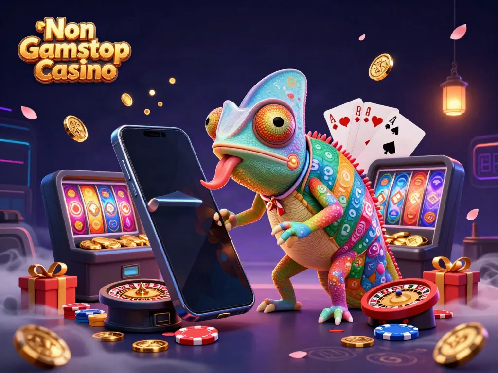 Engaging scene depicting Non Gamstop Casino owner chameleon snatching golden coins amidst vibrant casino elements.