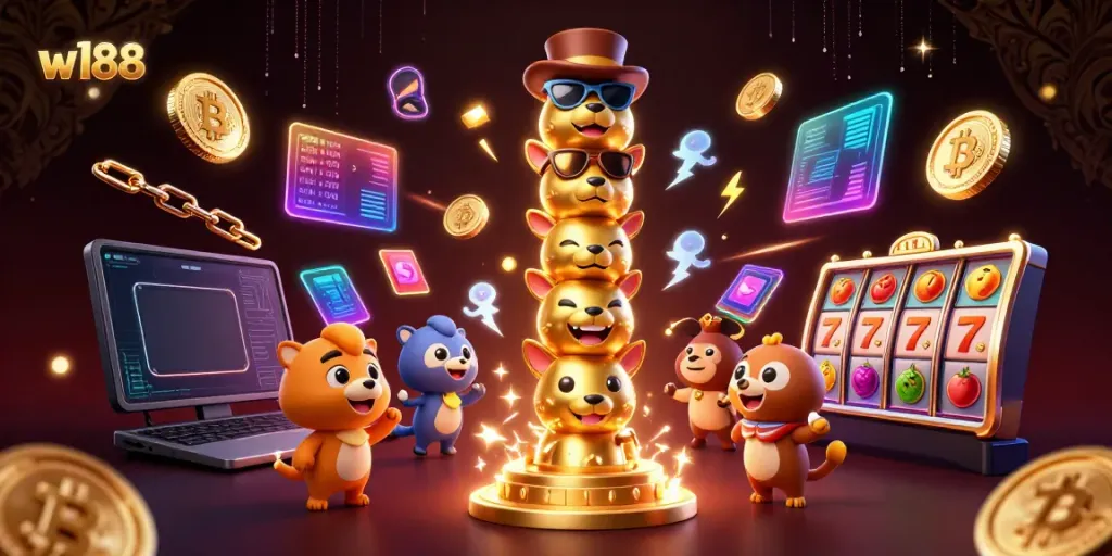 Experience the lively gaming world of w188 with animated casino symbols and vibrant 3D totem characters.