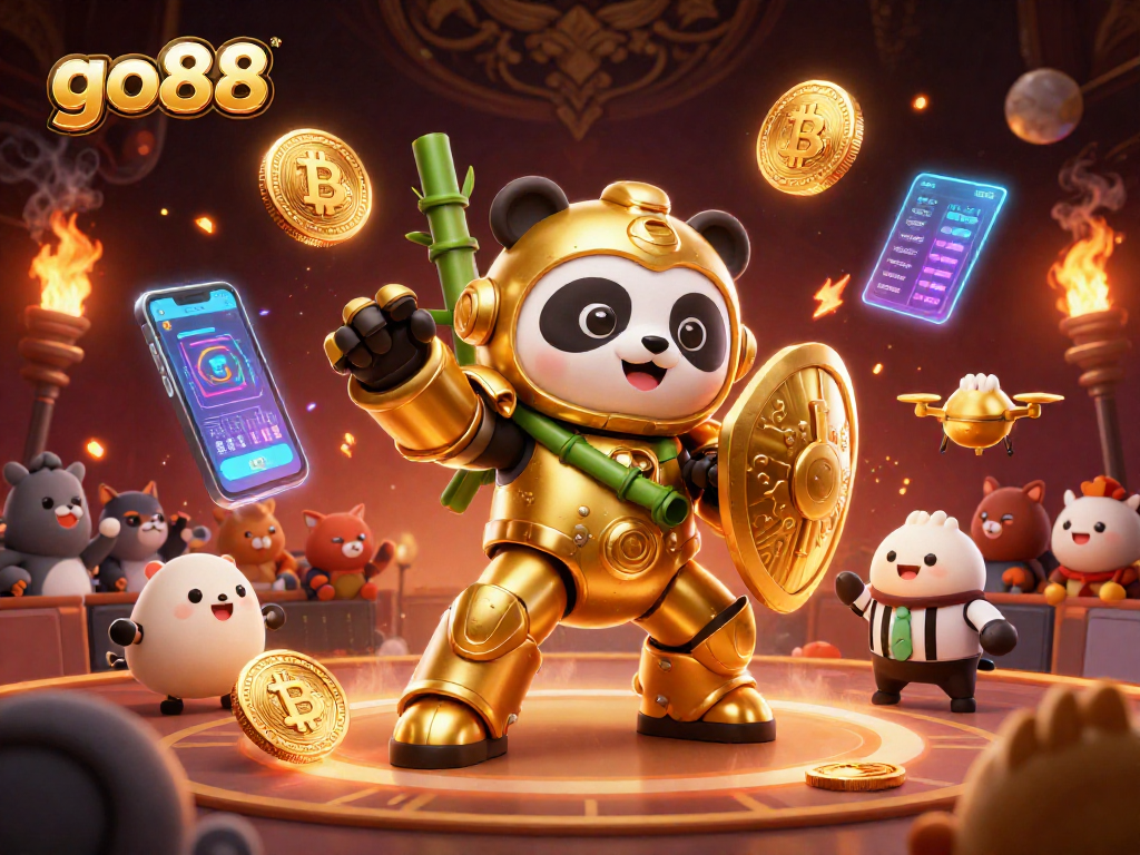 Engage in thrills with go88's 3D mech-suit panda in a vibrant casino showdown illustration.