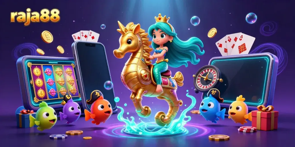 Engage with raja88's thrilling underwater adventure featuring a mermaid princess and vibrant casino elements.