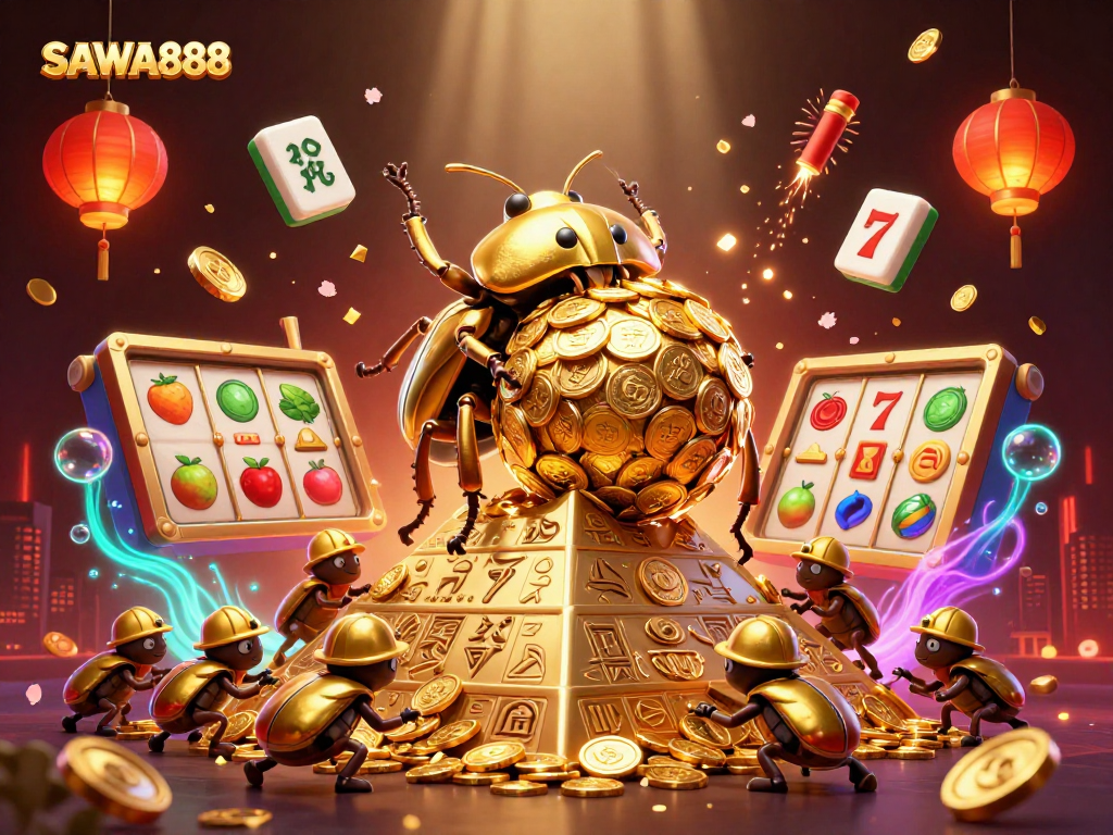 Experience winning opportunities at SAWA888 with captivating 3D illustrations of a golden dung beetle and slot reels.