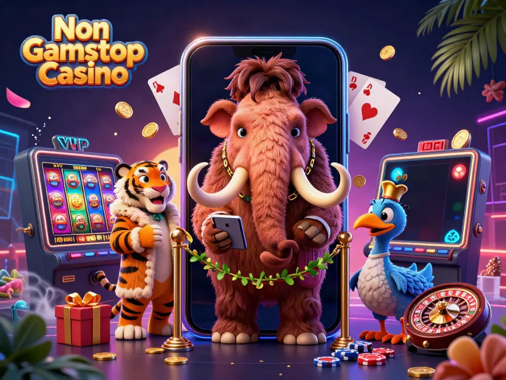 Engaging scene showcasing a Non Gamstop Casino with a woolly mammoth bouncer checking IDs amidst casino games