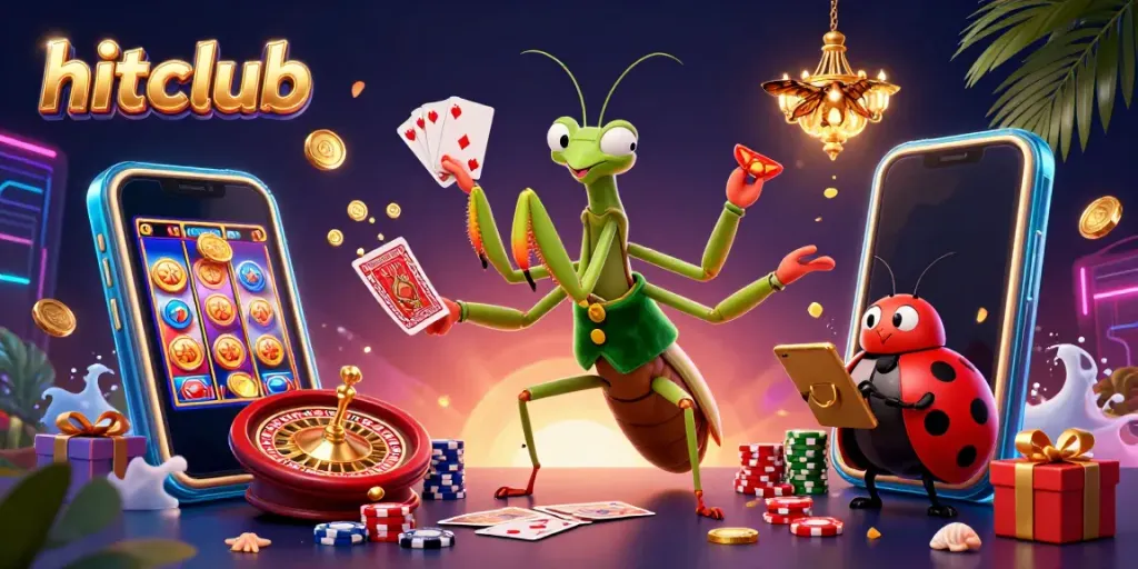 Engage with a vibrant scene of hitclub featuring casino characters, colorful games, and captivating ambiance.
