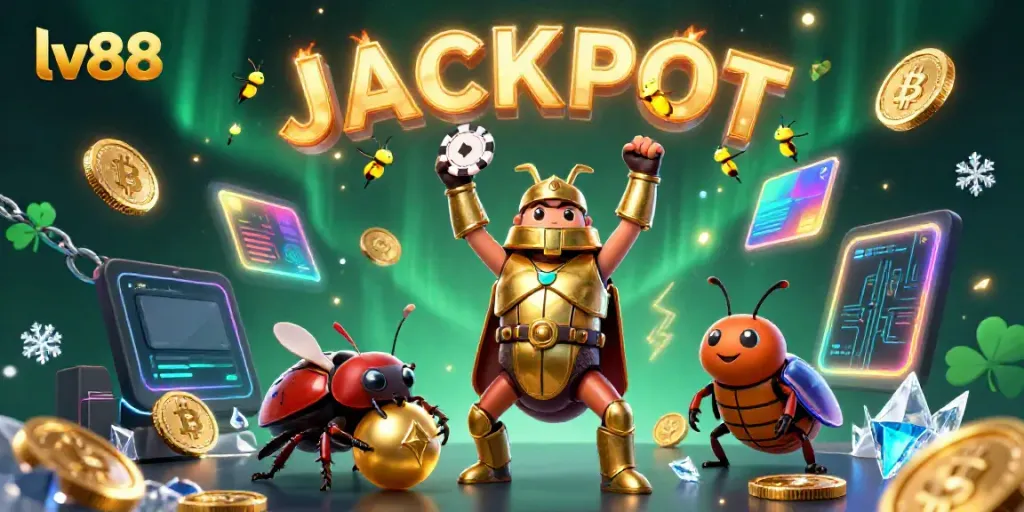 Win big with lv88 in this vibrant 3D illustration featuring poker chips and glowing crypto coins.