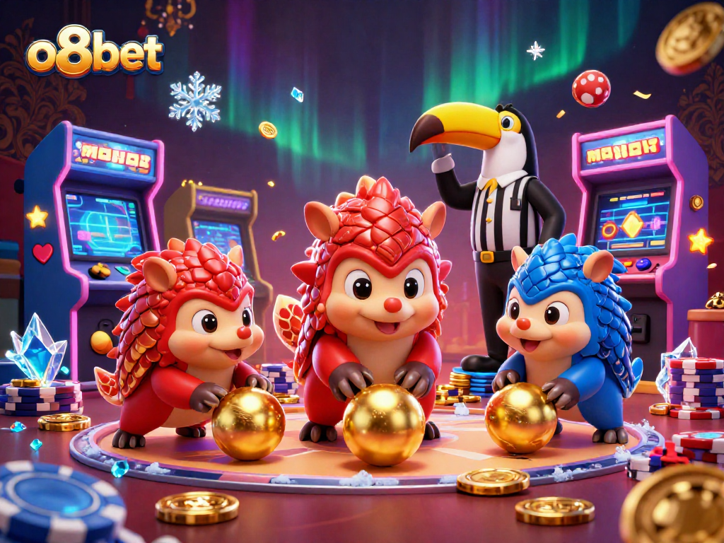 o8bet pangolins rolling in golden balls amidst poker chips, lively casino-themed 3D illustration.