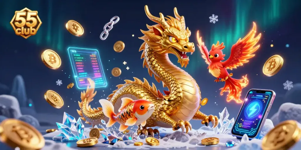 Experience thrilling gaming at 55 club with vibrant visuals of lucky charms and coins.