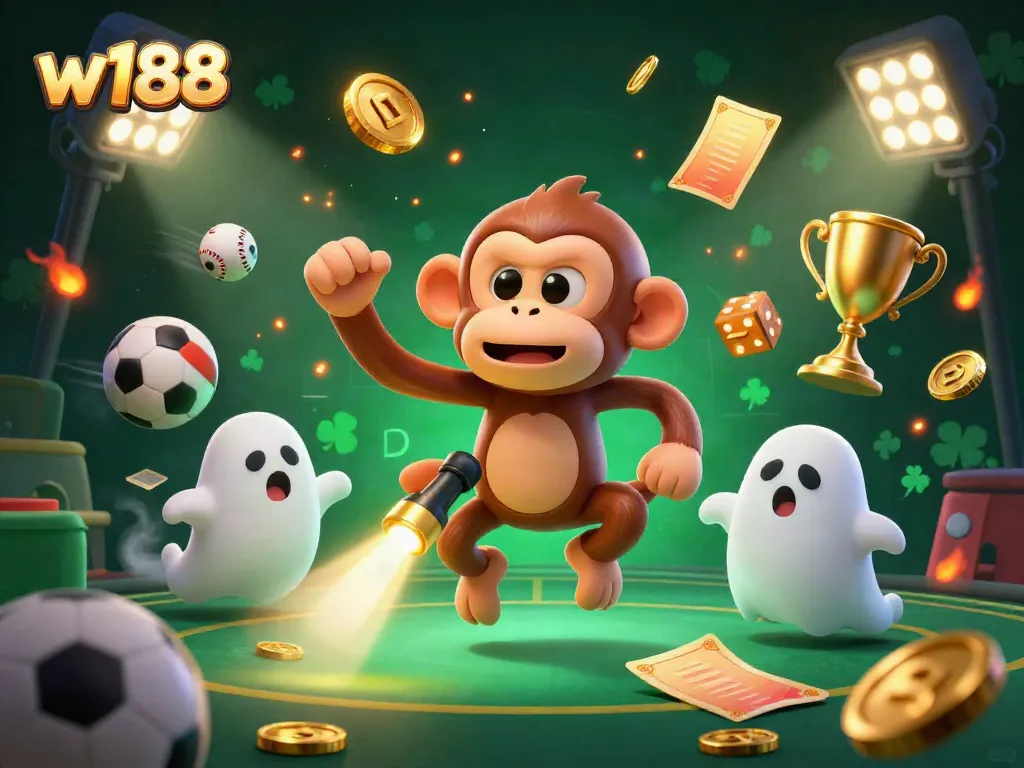 Experience the thrill of w188's vibrant casino scene with gold coins and lively characters dynamically engaging.