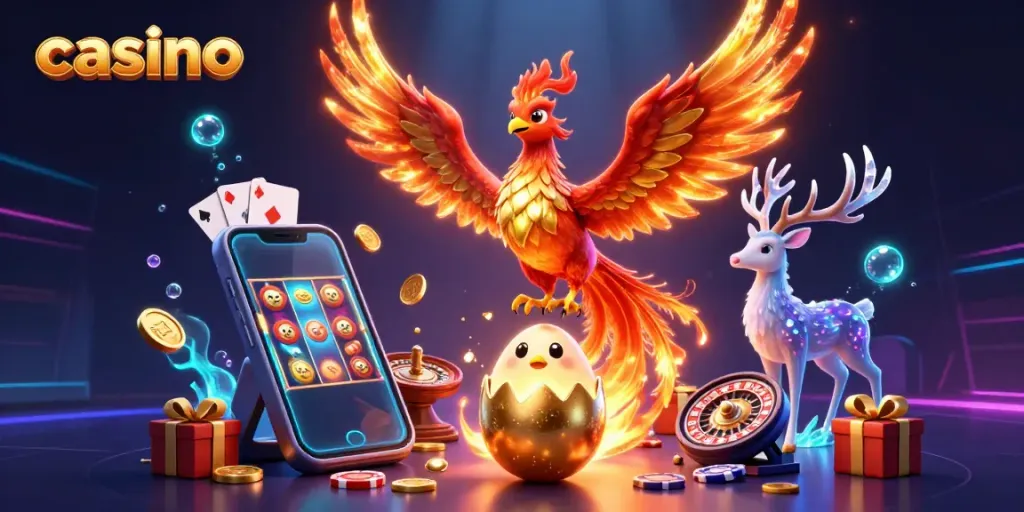Experience the vibrant casino atmosphere with phoenixes and gaming elements in this 3D illustration.
