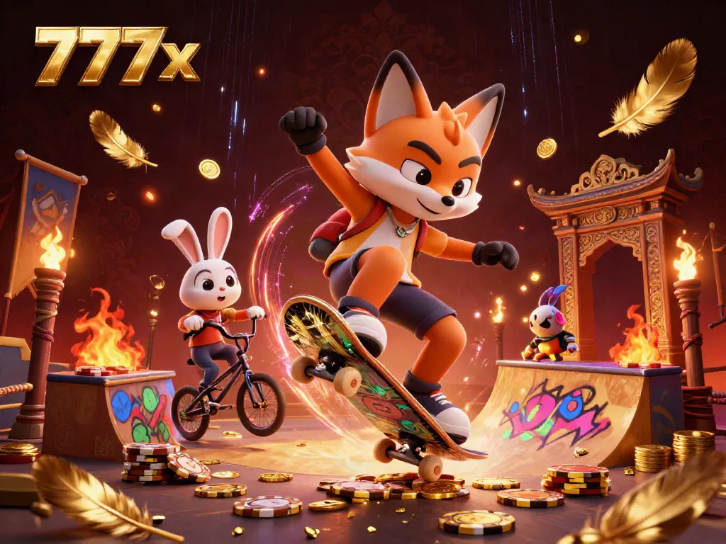 Experience thrilling gaming action at 777x with cartoon fox and rabbit in vibrant casino scene
