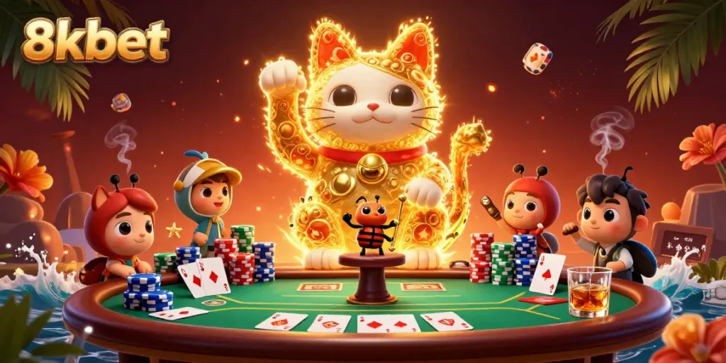 Experience excitement with 8xbet's vibrant lucky cat illustration, surrounded by poker elements in a lively casino.