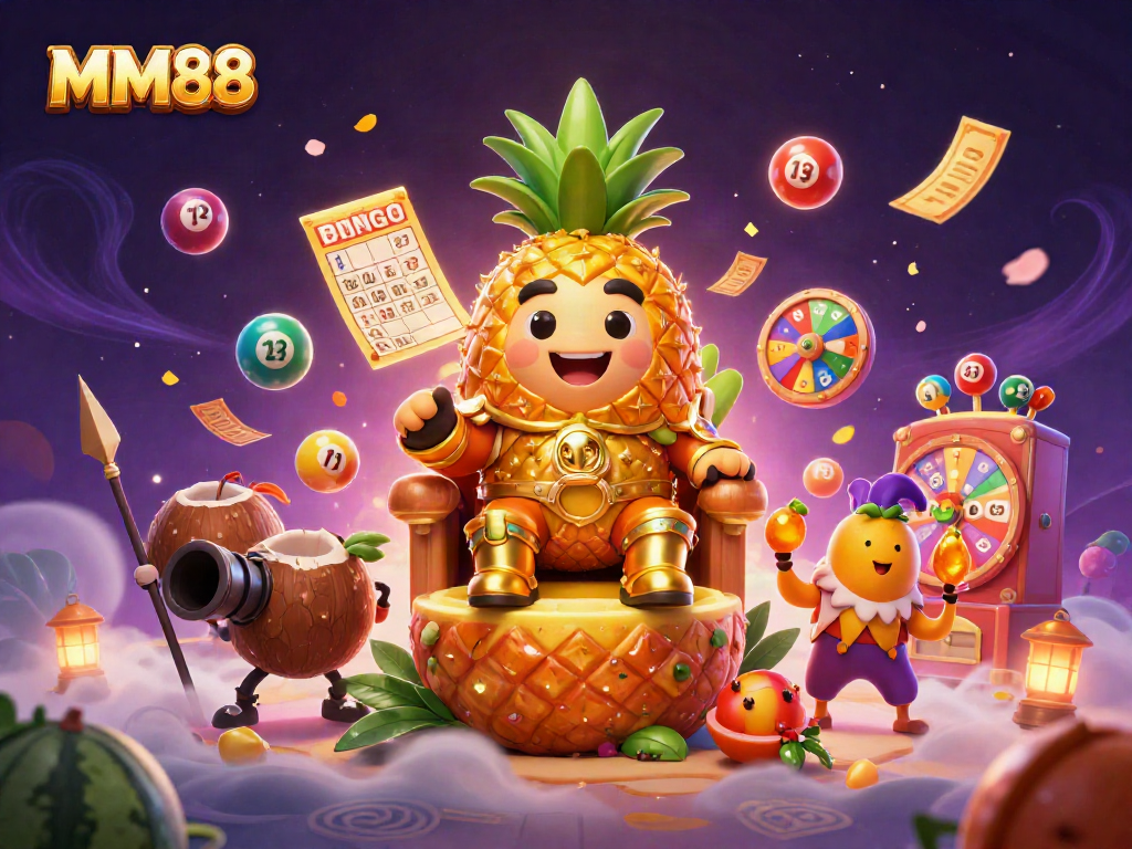Win big with MM88 at a vibrant, immersive casino scene featuring a golden pineapple king.
