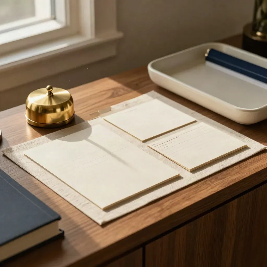 Brass call chime, inbox tray, and aligned message cards on linen in warm office light.