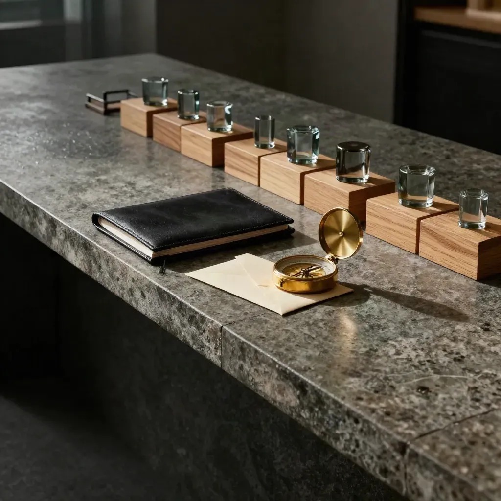 Rain-wet stone console with black portfolio, brass compass, envelope, oak blocks and glass weights.