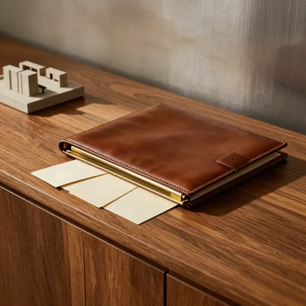 Leather folio, brass divider, blank cards and stone workspace model on oak console.