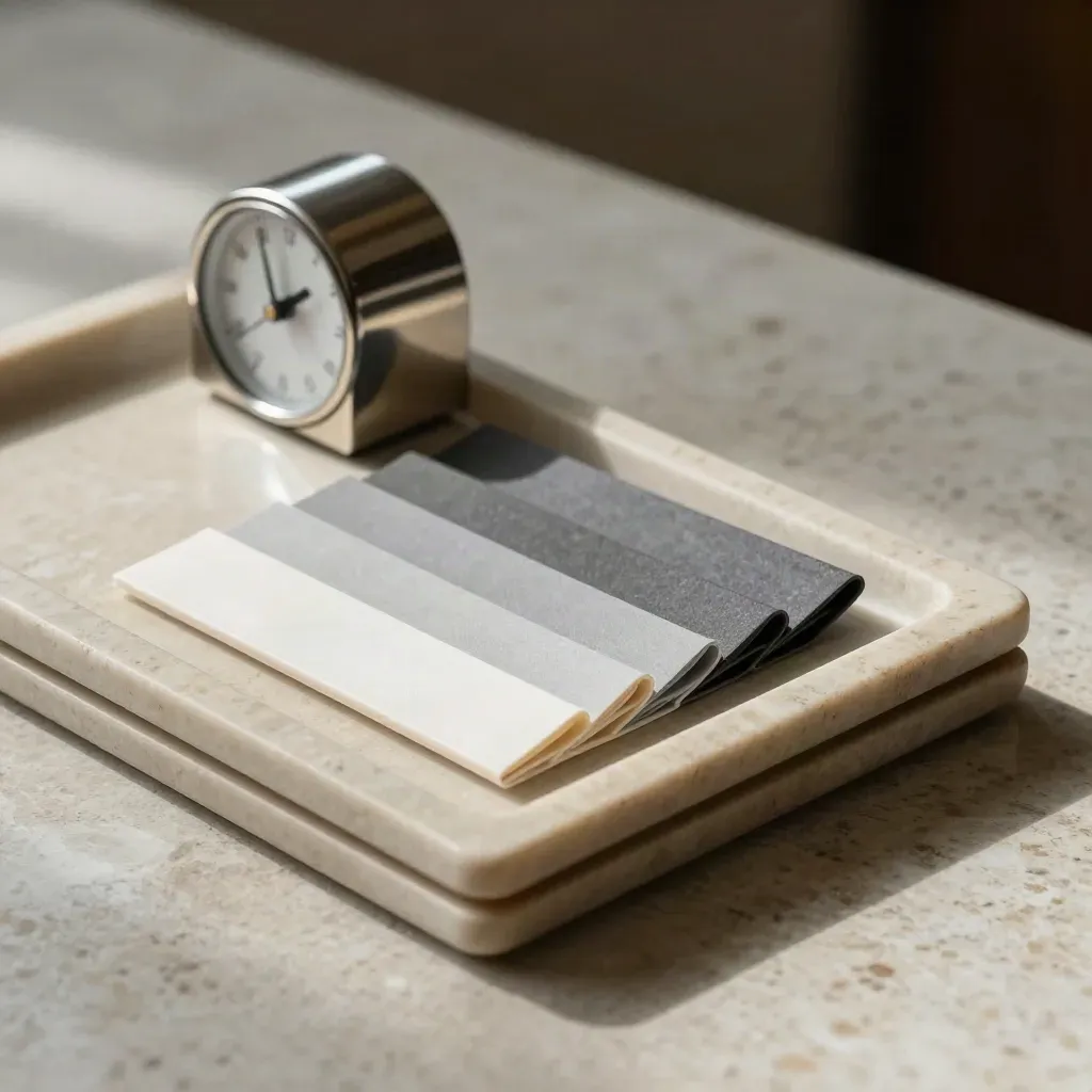 Status trays, desk timer, and clipped tabs on travertine in a moody project-delivery still life.
