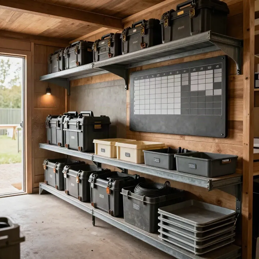 Tidy site-office shelf with tool cases, tracker board and crates by a sunlit exit path.